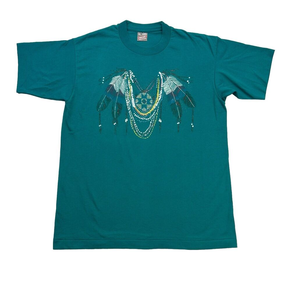 Vintage Native American Shirt Adult Large L Green Short Sleeve Single Stitch